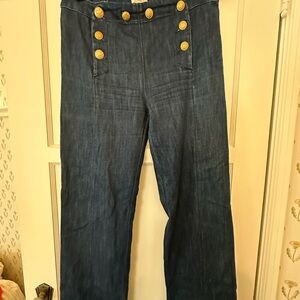 Sezane Dark Blue Flare Jeans with Gold Buttons